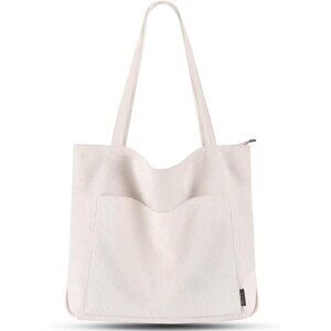 Women Beige Corduroy Large Shoulder Tote Shopping Bag with Zipper and Pockets